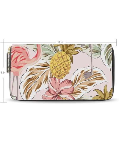 Tropical Pink Flamingos Pineapples Hibiscus Flowers Palm leaves Leather Long Wallet Organizer with Zipper Purse Clutch Bag fo...