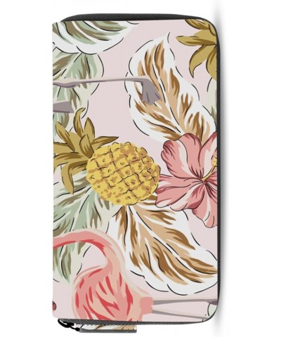 Tropical Pink Flamingos Pineapples Hibiscus Flowers Palm leaves Leather Long Wallet Organizer with Zipper Purse Clutch Bag fo...