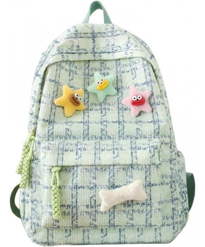 Retro Lattice Kawaii Backpack with Star Pins and Accessories Y2k Aesthetic Cute Backpack Large Capacity Tweed Backpack (Green...