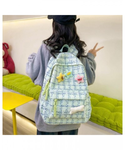 Retro Lattice Kawaii Backpack with Star Pins and Accessories Y2k Aesthetic Cute Backpack Large Capacity Tweed Backpack (Green...