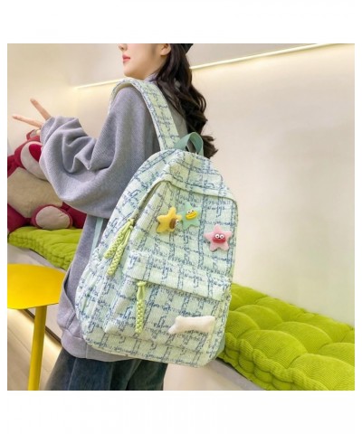 Retro Lattice Kawaii Backpack with Star Pins and Accessories Y2k Aesthetic Cute Backpack Large Capacity Tweed Backpack (Green...