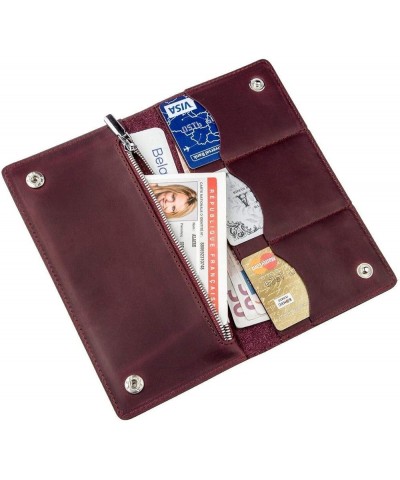 Leather Bifold Wallet Long with Buttons and Coin Pocket for Women Maroon Vintage $21.16 Wallets