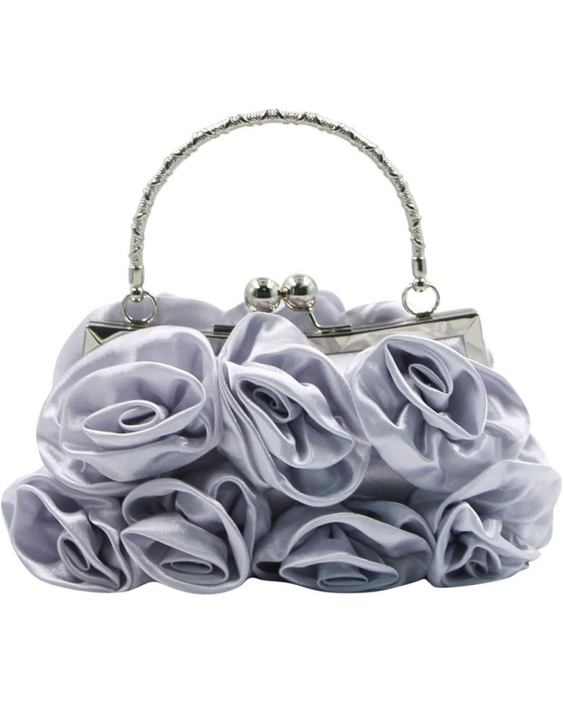 Women Evening Bag Silk-Like Satin Rose Shaped Clutch Handbag with Elegant Metal Handle for Party Wedding Purse Silver $14.40 ...