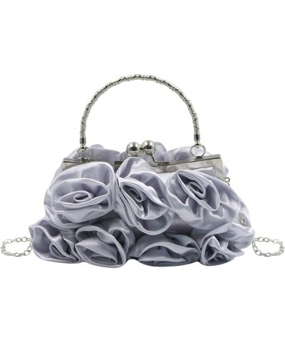 Women Evening Bag Silk-Like Satin Rose Shaped Clutch Handbag with Elegant Metal Handle for Party Wedding Purse Silver $14.40 ...