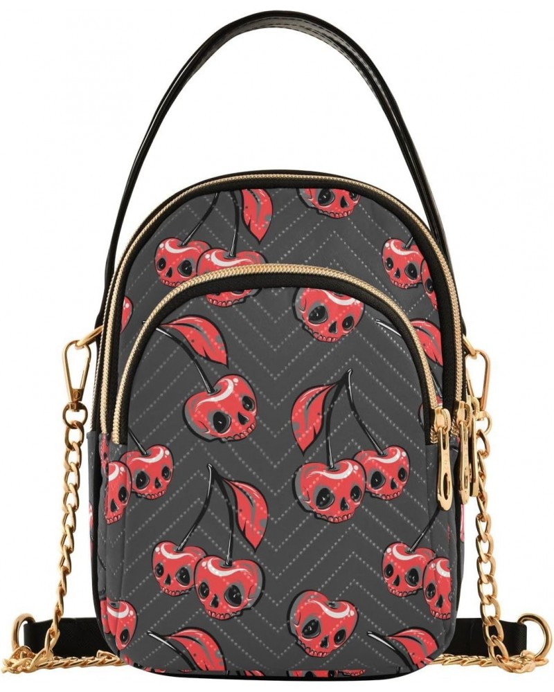 Fashionable Cherry Skulls Crossbody Bags for Women Quilted Shoulder Bag Handbag with Chain Strap Funny Trendy Cross Body Cell...