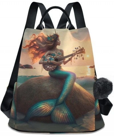 Lavender on Teal Green Women Backpack Purse Anti Theft Fashion Travel Hiking Bag Mermaid Playing Guitar on Rock $19.35 Backpacks