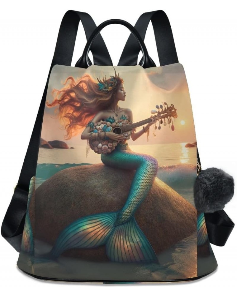 Lavender on Teal Green Women Backpack Purse Anti Theft Fashion Travel Hiking Bag Mermaid Playing Guitar on Rock $19.35 Backpacks