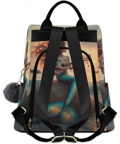 Lavender on Teal Green Women Backpack Purse Anti Theft Fashion Travel Hiking Bag Mermaid Playing Guitar on Rock $19.35 Backpacks