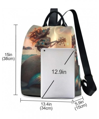 Lavender on Teal Green Women Backpack Purse Anti Theft Fashion Travel Hiking Bag Mermaid Playing Guitar on Rock $19.35 Backpacks