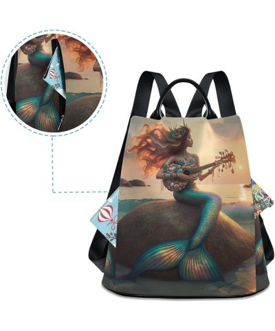 Lavender on Teal Green Women Backpack Purse Anti Theft Fashion Travel Hiking Bag Mermaid Playing Guitar on Rock $19.35 Backpacks