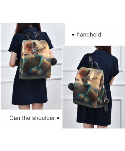 Lavender on Teal Green Women Backpack Purse Anti Theft Fashion Travel Hiking Bag Mermaid Playing Guitar on Rock $19.35 Backpacks