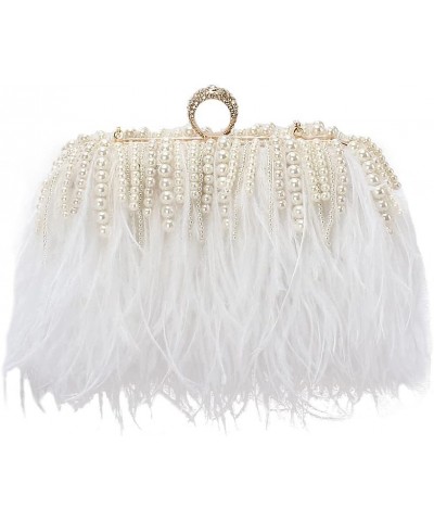 Women Real Natural Ostrich Feather Evening Bags Purses Clutch Vintage Banquet Handbag White With Pearl $29.14 Evening Bags