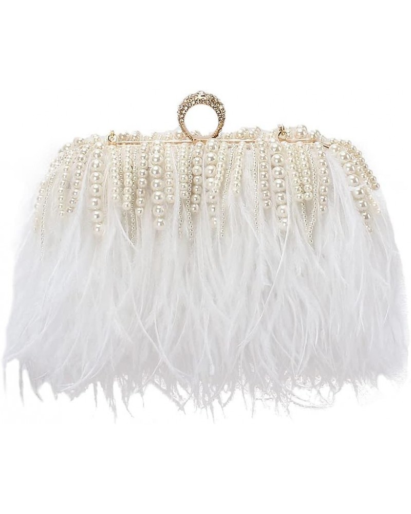 Women Real Natural Ostrich Feather Evening Bags Purses Clutch Vintage Banquet Handbag White With Pearl $29.14 Evening Bags