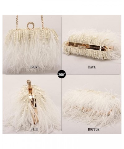 Women Real Natural Ostrich Feather Evening Bags Purses Clutch Vintage Banquet Handbag White With Pearl $29.14 Evening Bags