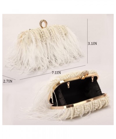 Women Real Natural Ostrich Feather Evening Bags Purses Clutch Vintage Banquet Handbag White With Pearl $29.14 Evening Bags