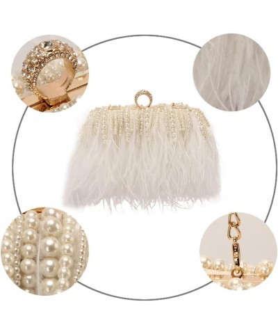 Women Real Natural Ostrich Feather Evening Bags Purses Clutch Vintage Banquet Handbag White With Pearl $29.14 Evening Bags