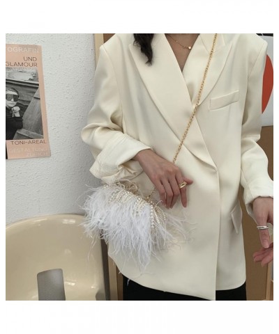 Women Real Natural Ostrich Feather Evening Bags Purses Clutch Vintage Banquet Handbag White With Pearl $29.14 Evening Bags