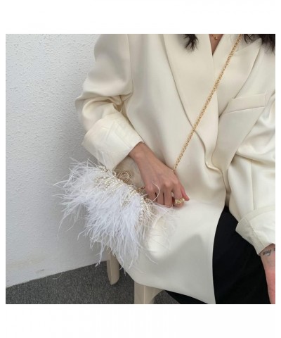 Women Real Natural Ostrich Feather Evening Bags Purses Clutch Vintage Banquet Handbag White With Pearl $29.14 Evening Bags