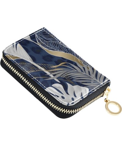 White Grey Tropical Leaves with Gold Elements on Blue Leopard SkinGrey Credit Card Coin wallet, RFID Blocking Compact Women L...