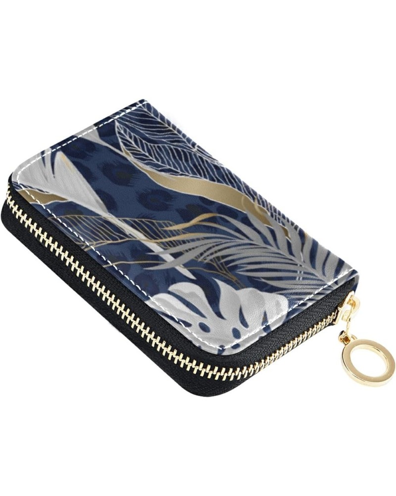 White Grey Tropical Leaves with Gold Elements on Blue Leopard SkinGrey Credit Card Coin wallet, RFID Blocking Compact Women L...