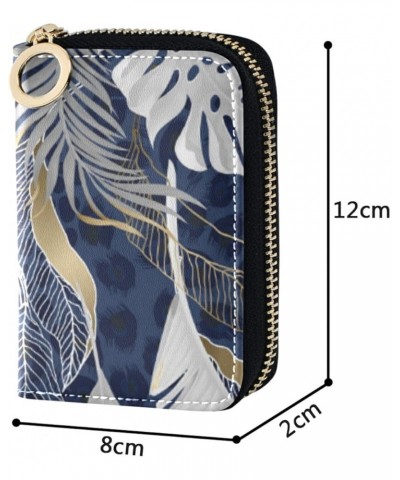 White Grey Tropical Leaves with Gold Elements on Blue Leopard SkinGrey Credit Card Coin wallet, RFID Blocking Compact Women L...