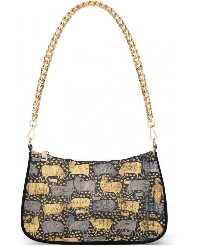 Vintage Gold and Black Cow Pattern Retro Classic Shoulder HandBag with Zipper Closure for Women $13.20 Shoulder Bags