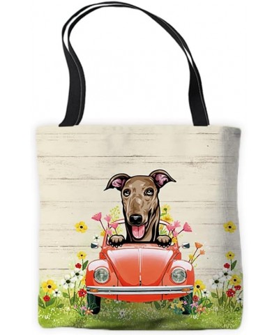 Puppy Canvas Tote Bag Peeking Dog Greyhound in Red Retro Car Surrounding with Colorful Flowers Spring Summer Bags Greyhound $...