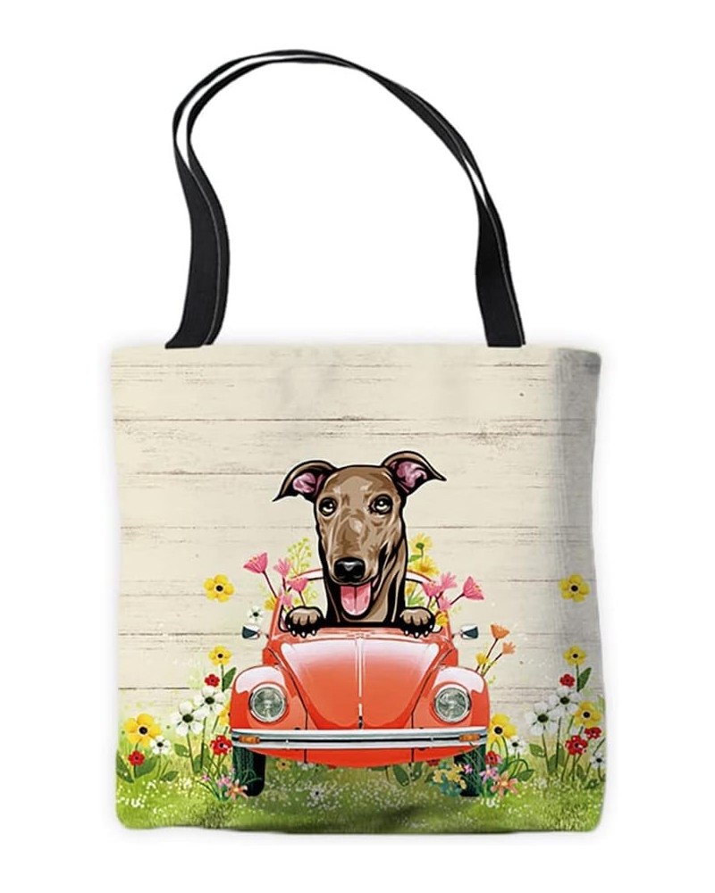 Puppy Canvas Tote Bag Peeking Dog Greyhound in Red Retro Car Surrounding with Colorful Flowers Spring Summer Bags Greyhound $...