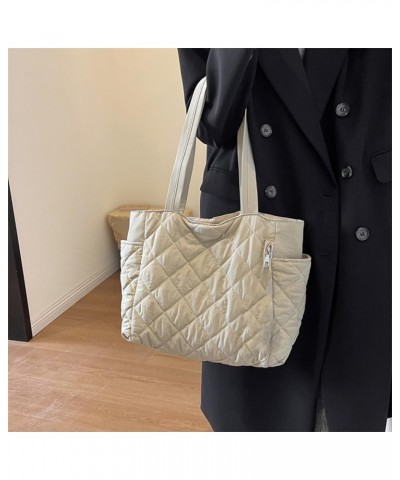 Quilted Tote Bag for Women Puffer Hobo Handbag Padding Quilted Bag Trendy Lightweight Shoulder Bag Casual A01-beige-no Pendan...