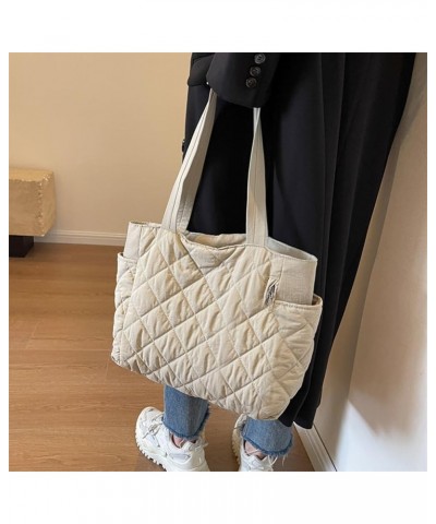 Quilted Tote Bag for Women Puffer Hobo Handbag Padding Quilted Bag Trendy Lightweight Shoulder Bag Casual A01-beige-no Pendan...