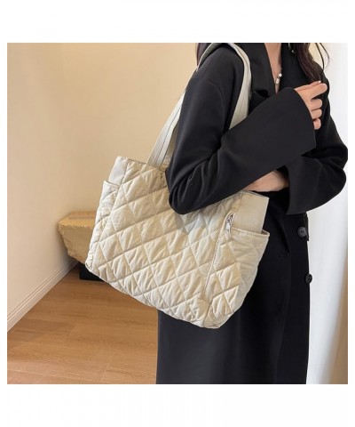 Quilted Tote Bag for Women Puffer Hobo Handbag Padding Quilted Bag Trendy Lightweight Shoulder Bag Casual A01-beige-no Pendan...