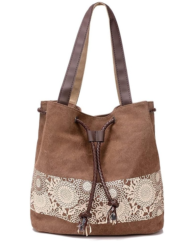 Printed Handbag for Women Cotton Canvas Shoulder Bag Retro Satchel Top Handle Tote Bag Casual Purse with Drawstring Brown $15...