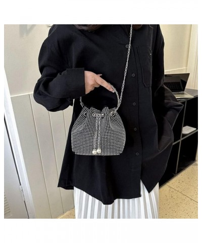 Women Rhinestone Evening Clutch Luxury Diamond Bucket Bag with Drawstring shining Crossbody Shoulder Purse for Prom Silver $1...