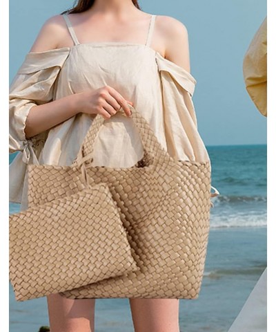 Woven Bag for Women Large Tote Bag with Clutch PU Leather Handwoven Beach Bag Satchel Handmade Casual Purses 2023 Khaki $32.2...