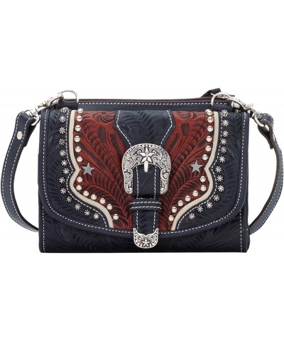 Western Leather Crossbody with Wallet for Women - Navy $47.16 Crossbody Bags