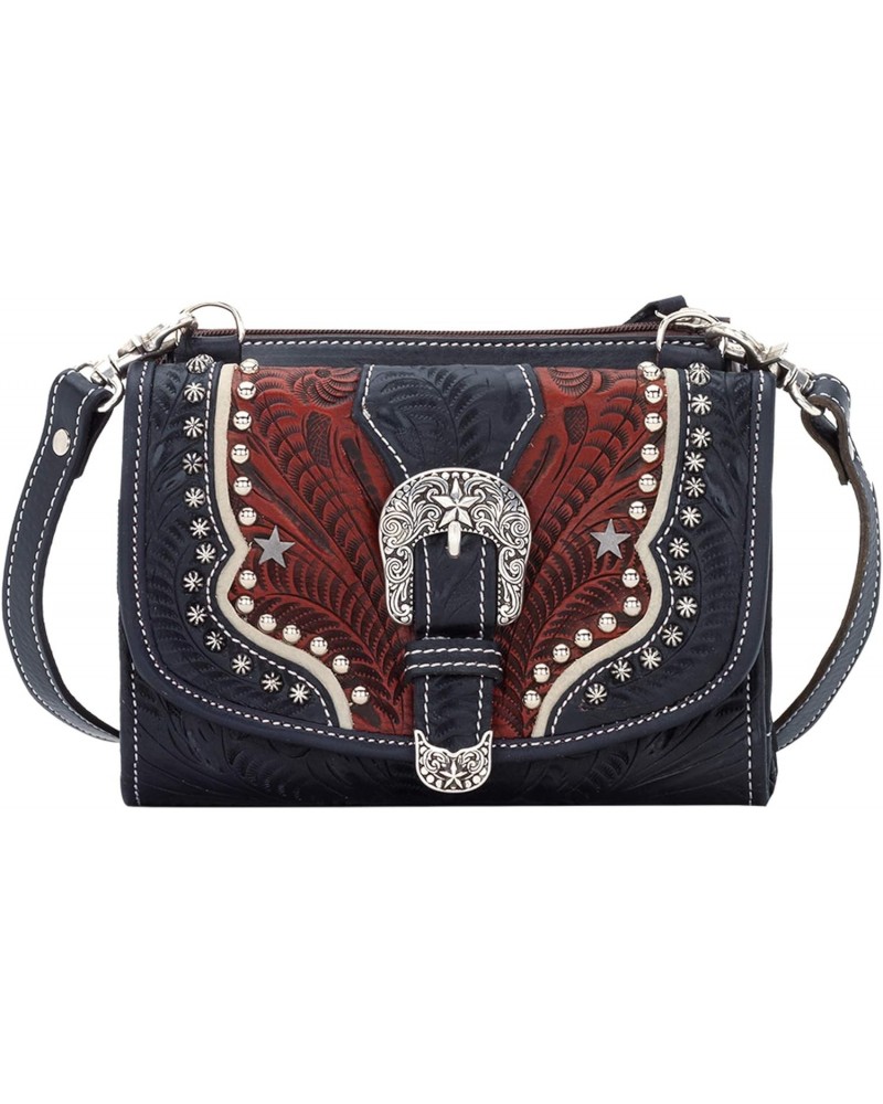 Western Leather Crossbody with Wallet for Women - Navy $47.16 Crossbody Bags