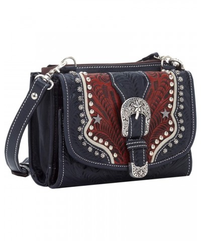 Western Leather Crossbody with Wallet for Women - Navy $47.16 Crossbody Bags