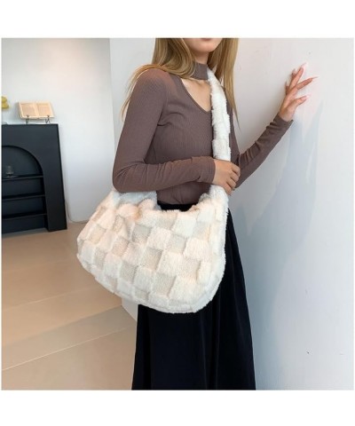 Fluffy Checkerboard Shoulder Bag for Women Plush Plaid Hobo Tote Bag Casual Lightweight Work Shopping Furry Purse (Khaki) Bei...