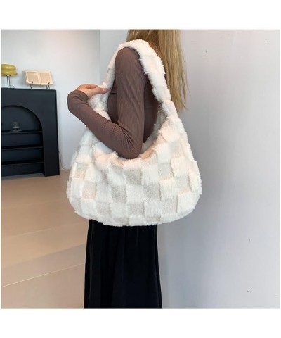 Fluffy Checkerboard Shoulder Bag for Women Plush Plaid Hobo Tote Bag Casual Lightweight Work Shopping Furry Purse (Khaki) Bei...