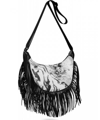 Black White Abstract Marble Fringe Bag for Women Cross Body Bag Tassel Shoulder Bag Satchel $13.50 Crossbody Bags