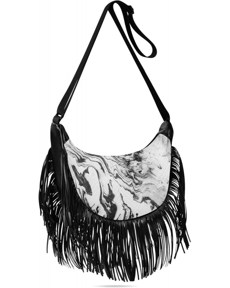 Black White Abstract Marble Fringe Bag for Women Cross Body Bag Tassel Shoulder Bag Satchel $13.50 Crossbody Bags