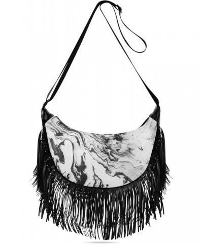 Black White Abstract Marble Fringe Bag for Women Cross Body Bag Tassel Shoulder Bag Satchel $13.50 Crossbody Bags