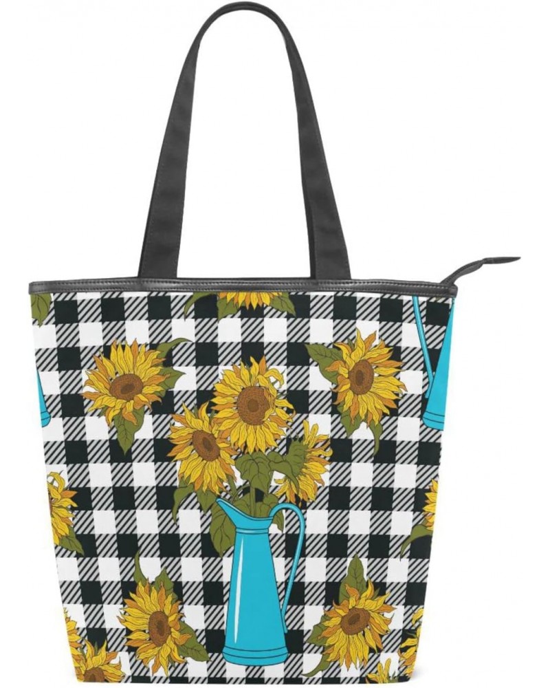 Tote Handbag for Women Tote Bag, Sunflower Buffalo Check Plaid Canvas + leather Shoulder Bag, Hobo bag, Satchel Purse(8ue0c) ...