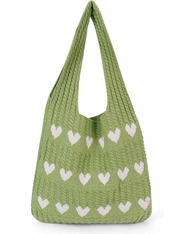 Women Knit Tote Bag Crochet Shoulder Bag Love Heart Pattern Beach Handbags Aesthetic Everyday Knitted Bag Green $22.70 Totes