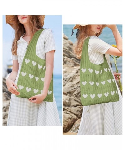 Women Knit Tote Bag Crochet Shoulder Bag Love Heart Pattern Beach Handbags Aesthetic Everyday Knitted Bag Green $22.70 Totes