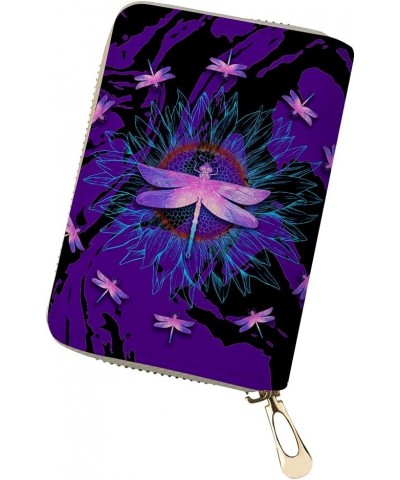 Purple Butterfly Credit Card Holder for Women Small Portable Leather Wallet with Zipper Card Case Protector Purple Dragonfly ...