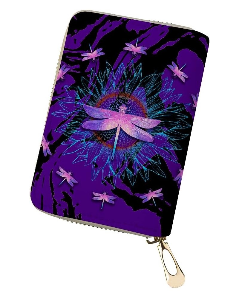 Purple Butterfly Credit Card Holder for Women Small Portable Leather Wallet with Zipper Card Case Protector Purple Dragonfly ...