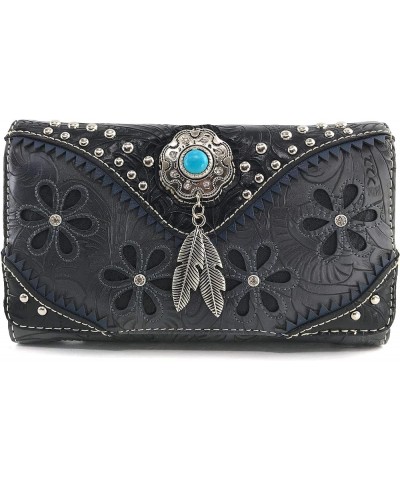 Floral Western Pu Tooled Leather Turquoise Concho Feathers Crossbody Trifold Wallet (Brown) Black $15.74 Wallets