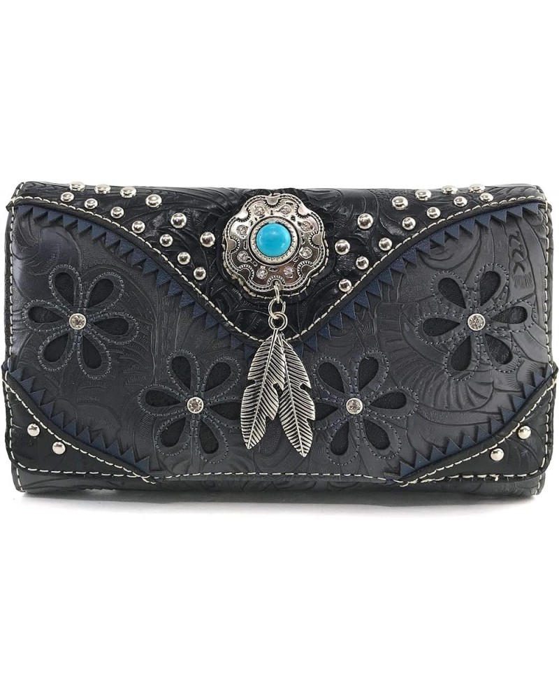 Floral Western Pu Tooled Leather Turquoise Concho Feathers Crossbody Trifold Wallet (Brown) Black $15.74 Wallets