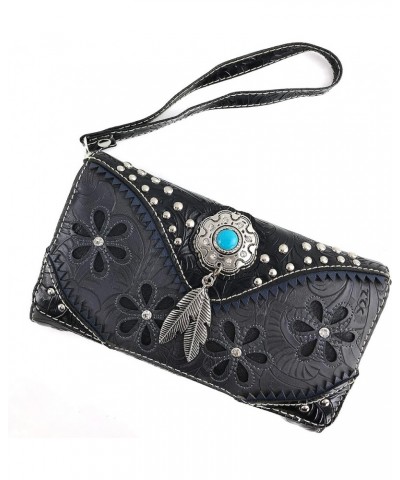 Floral Western Pu Tooled Leather Turquoise Concho Feathers Crossbody Trifold Wallet (Brown) Black $15.74 Wallets